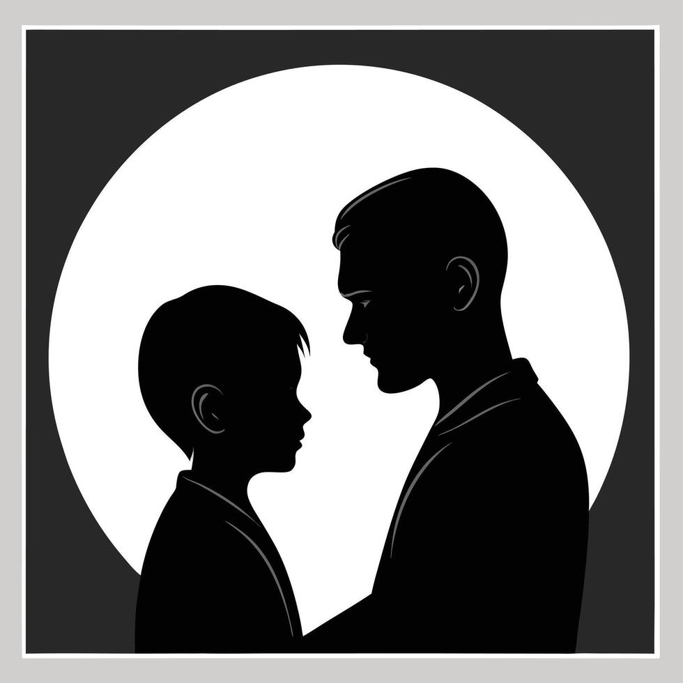 Father Son Silhouette Embrace Black White Circular Background Tender Moment Family Bonding vector