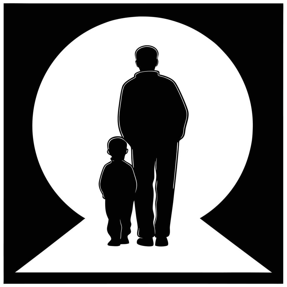 Minimalist Black Silhouette Father Son Standing White Circle Background child family vector
