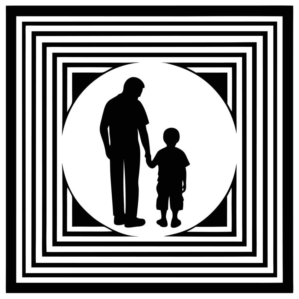 Black White Silhouette Father Son Holding Hands Circular Frame Abstract Geometric Design child vector