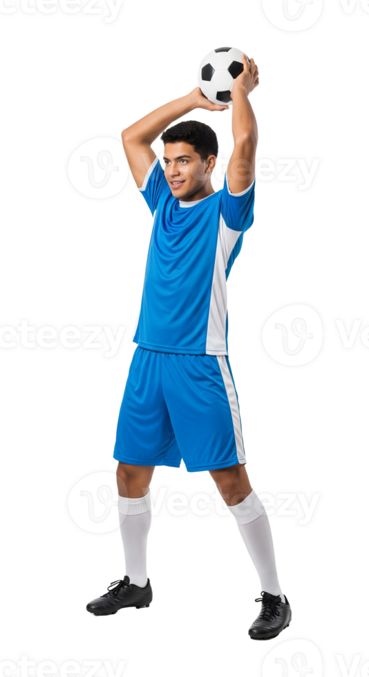 A man in blue soccer uniform holding a ball png