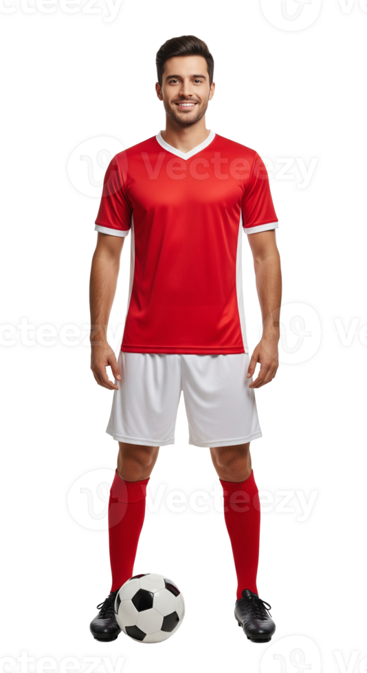 Soccer player in red uniform standing next to a soccer ball png