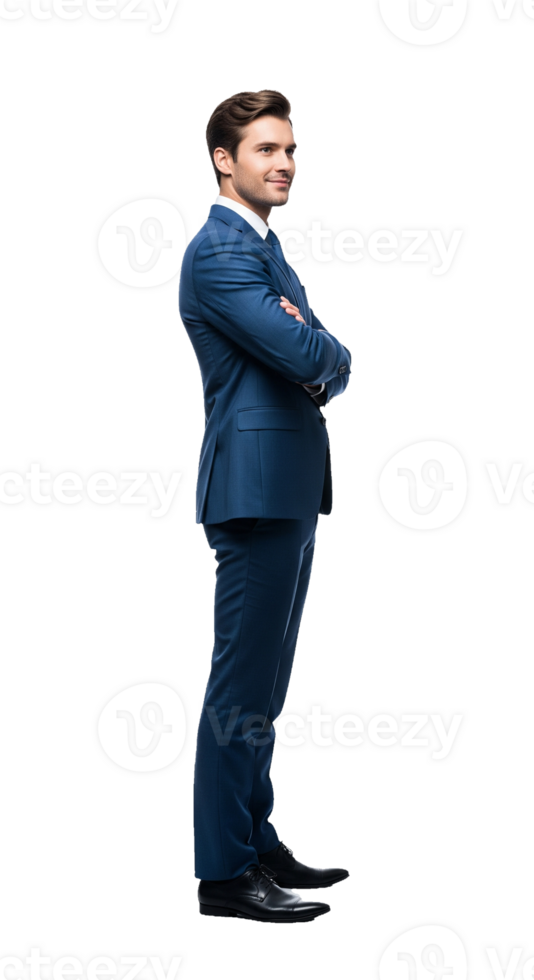 A man in a blue suit standing with his arms crossed png