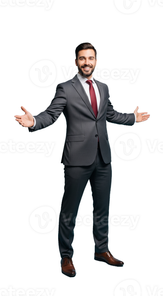 A man in a suit and tie standing with his arms out png