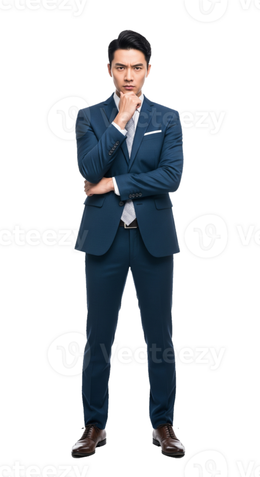A man in a suit standing with his hands on his chin png