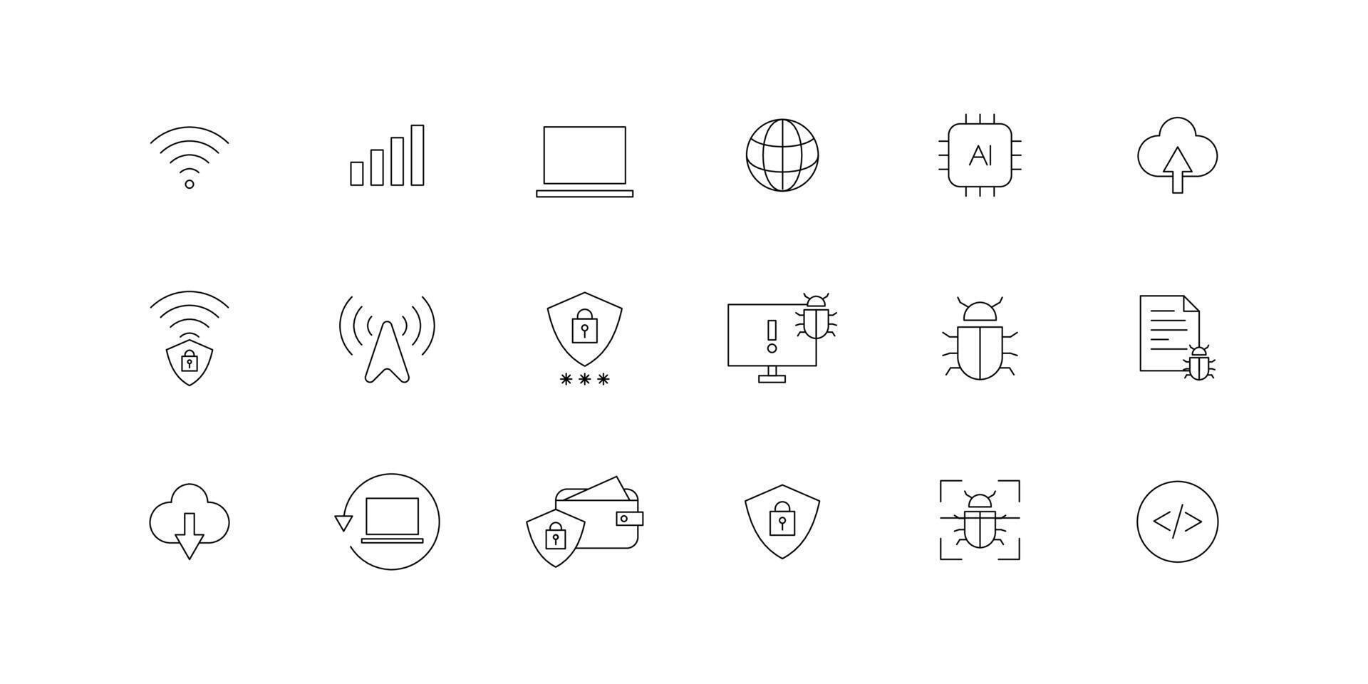 editable stroke icon set representing data protection and network security, including privacy, GDPR compliance, cyber threats, IT solutions, and digital security. vector