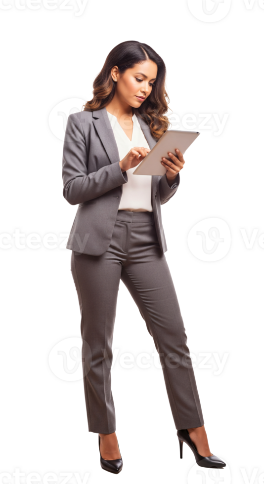 Business woman in suit holding tablet png