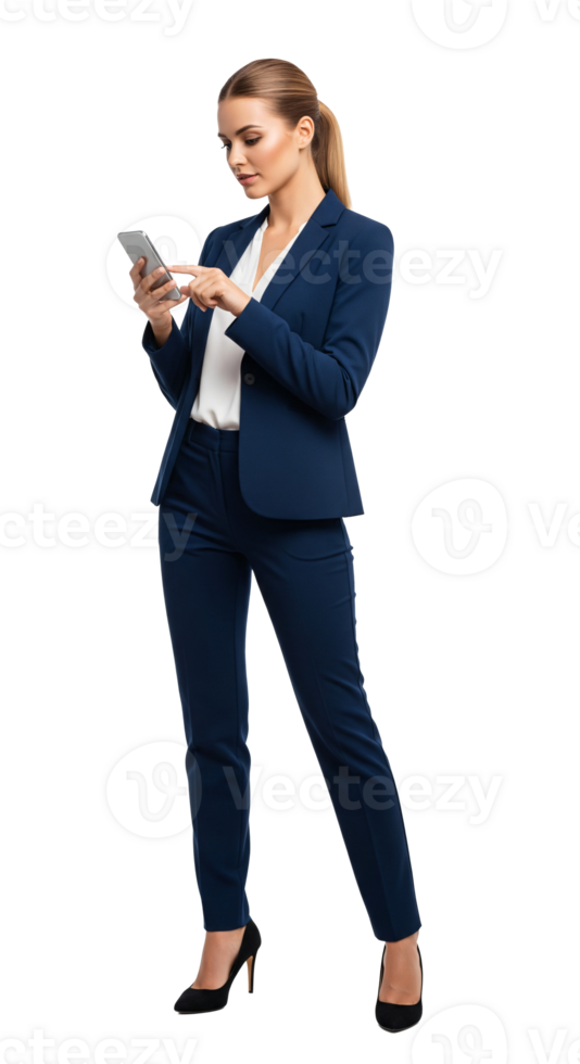 Business woman in blue suit holding cell phone png