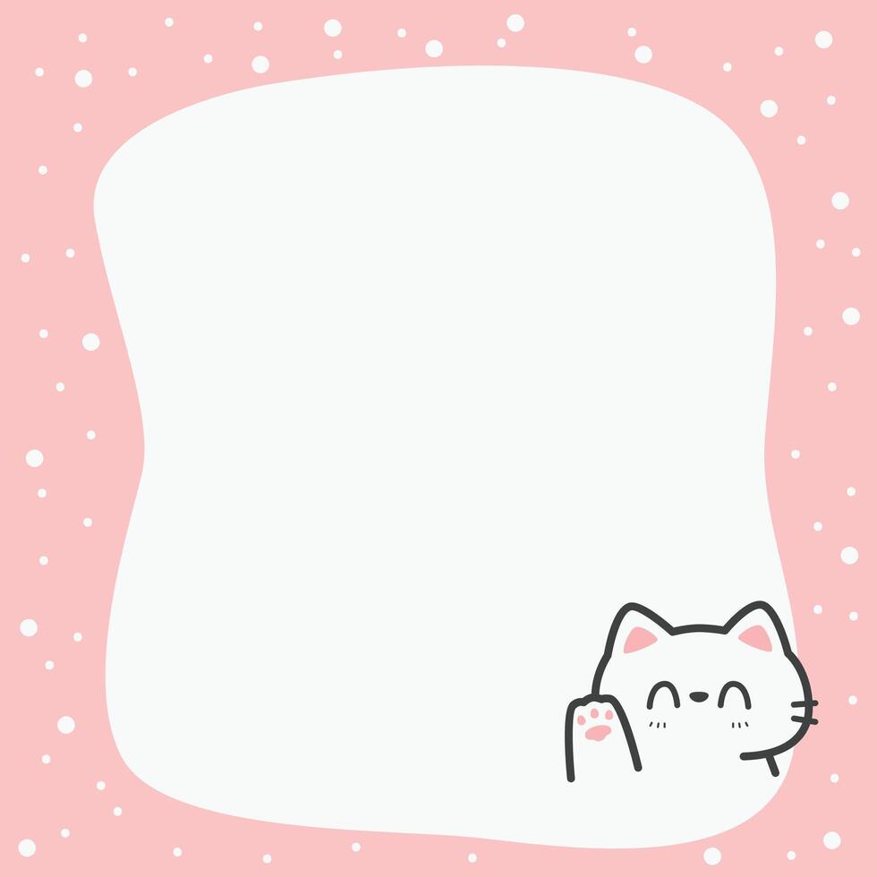 Greeting card frame with cute white cat waving paw cartoon vector