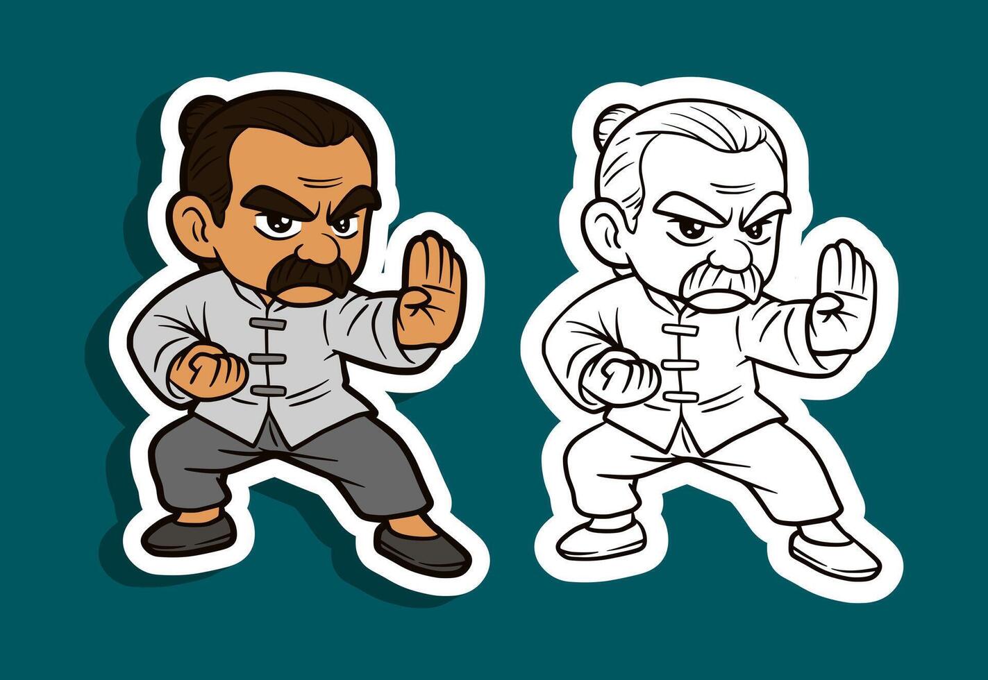 Two men in karate clothes, one with a mustache and the other with a beard vector