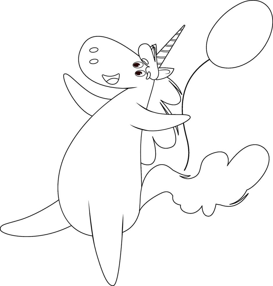 Coloring page with a happy unicorn holding a balloon vector