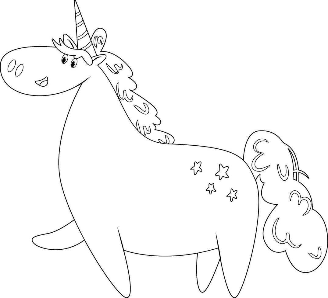 Coloring page with a unicorn that raised one leg. Unicorn with stars on its side vector