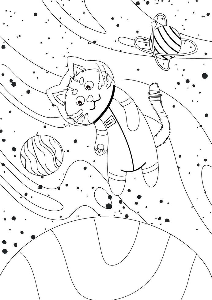 coloring page with a cat astronaut in outer space among the planets vector