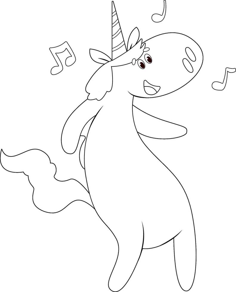 Coloring page with dancing and happy unicorn vector