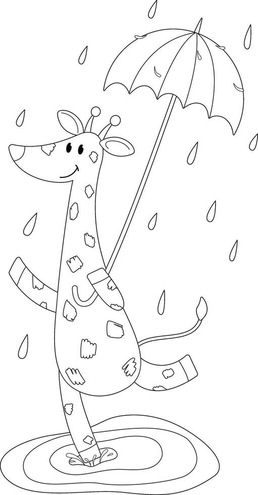 Coloring page with a giraffe with an umbrella jumping in the rain through puddles vector