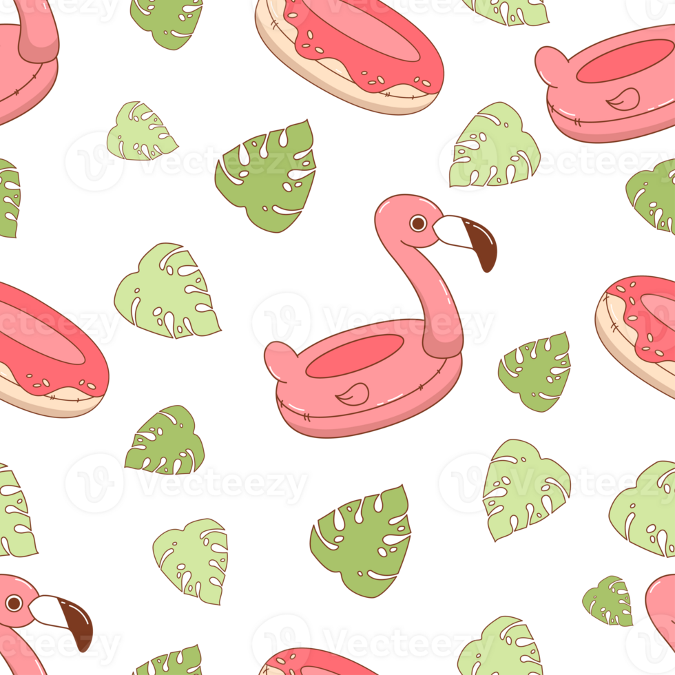 Beach Seamless Pattern. Cute Summer Toy Inflatable Pink Flamingo and Donut png