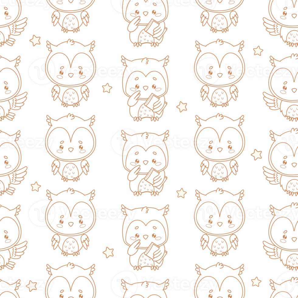 Outline Seamless Pattern. Cute Wise Owl Bird with Book. Line Drawing png