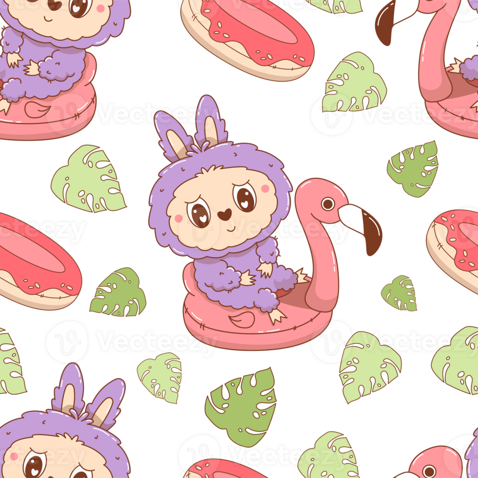 Seamless Pattern with Cute Monster Toy Floats on pink Flamingo pool png
