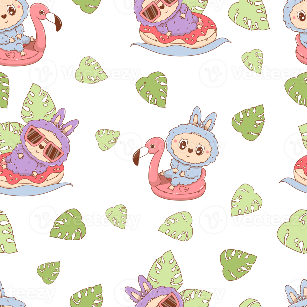 Seamless Pattern with Beach Cute Monster Toy swim on Inflatable Flamingo and Donut png