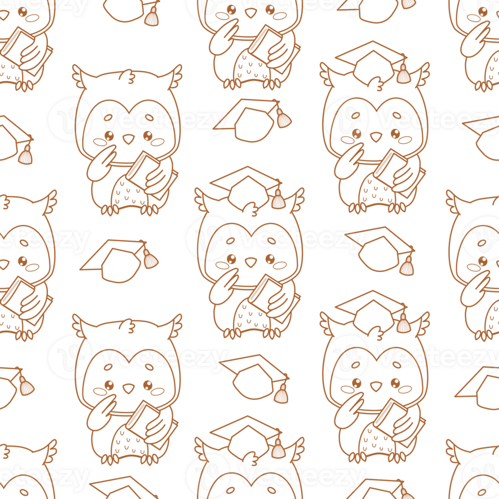 Outline Seamless Pattern. Cute Owl Bird with Graduation Cap and Book. Line Drawing png