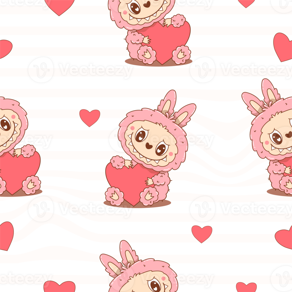 Seamless Pattern with Cute Monster Toy with Heart on striped background png