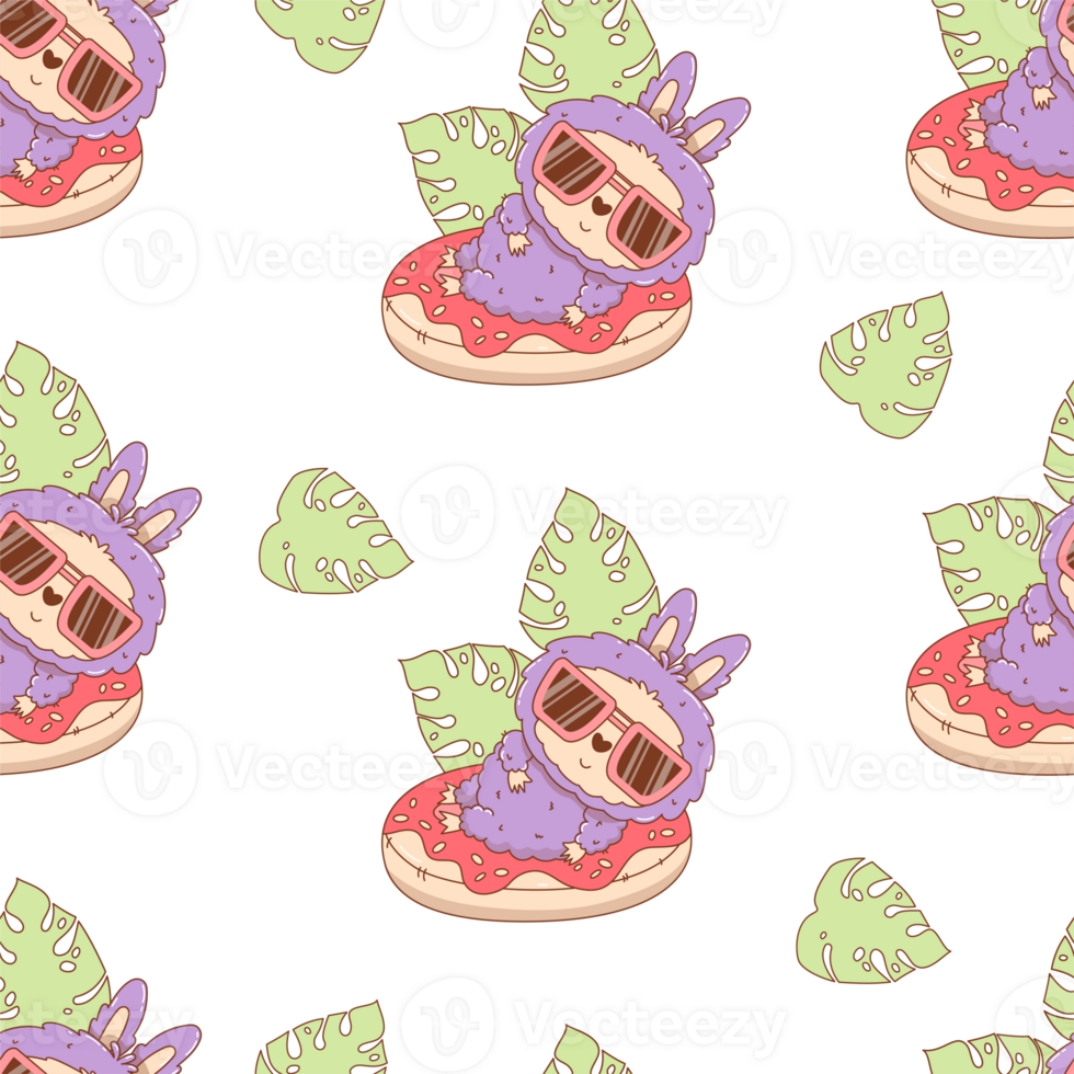 Seamless Beach Pattern. Cute Monster Toy In Sunglasses on Inflatable Donut png