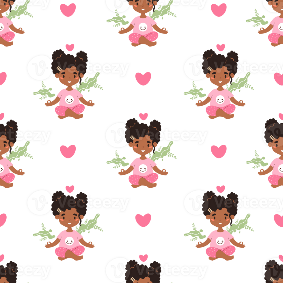 Seamless pattern with cute afro american girl child meditating in lotus pose with heart png