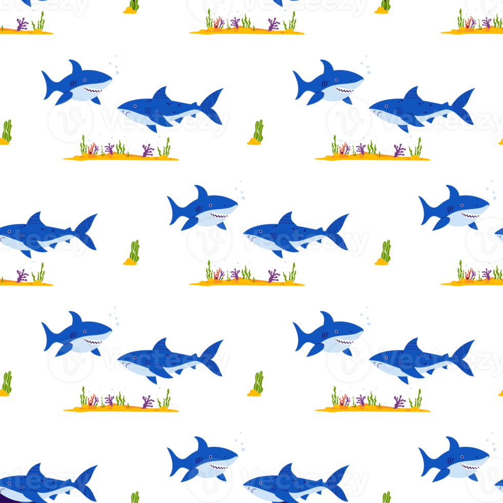 Underwater Seamless Pattern. Two Sharks Wild Animals with Algae and Sandy Seabed png