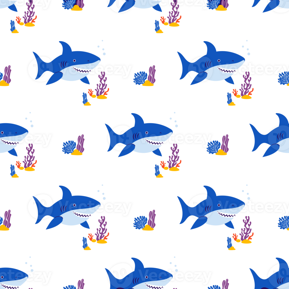 Underwater Seamless Pattern. Shark, Plant Algae and Coral png