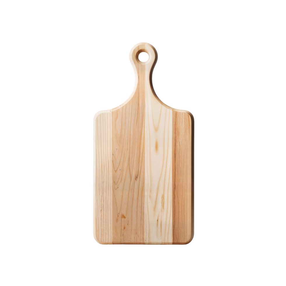 A light colored wooden cutting board with a handle isolated against a plain surrounding space on transparent background png