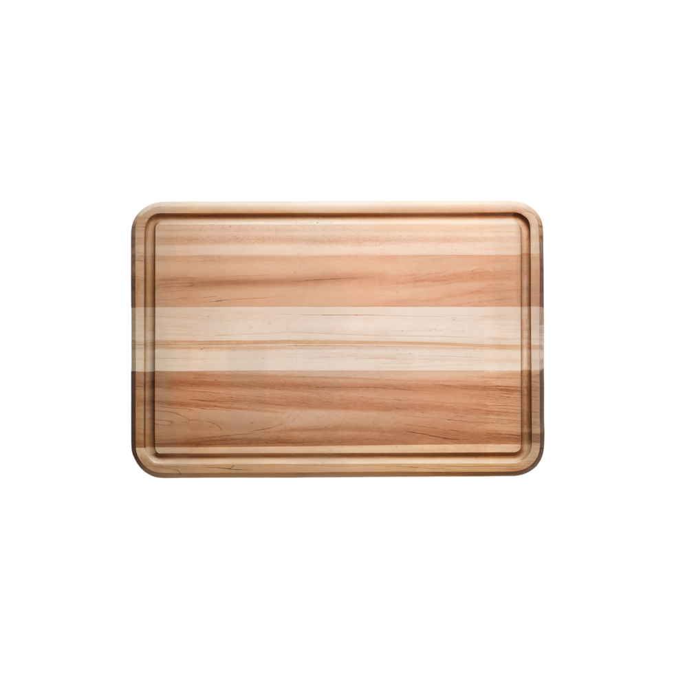 A wooden cutting board with a recessed edge is centered against a plain solid color space around it on transparent background png