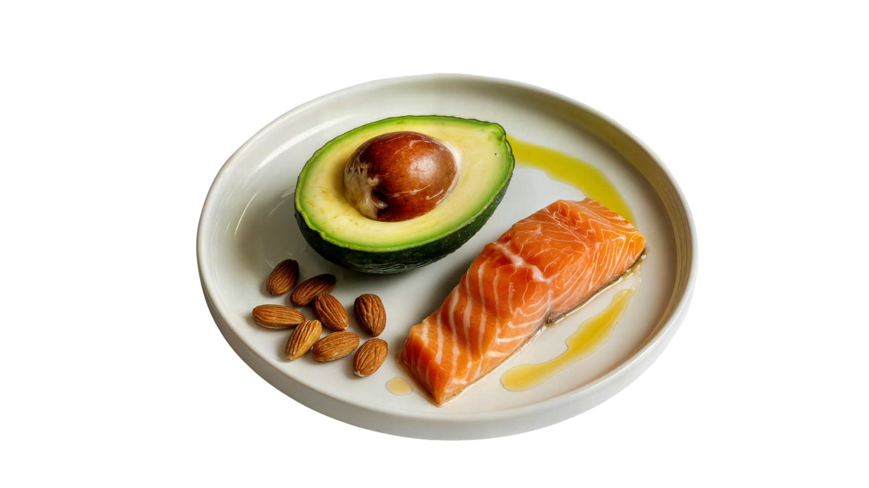 A plate with salmon fillet, avocado half, and almonds, drizzled with oil, on a light surface on transparent background png