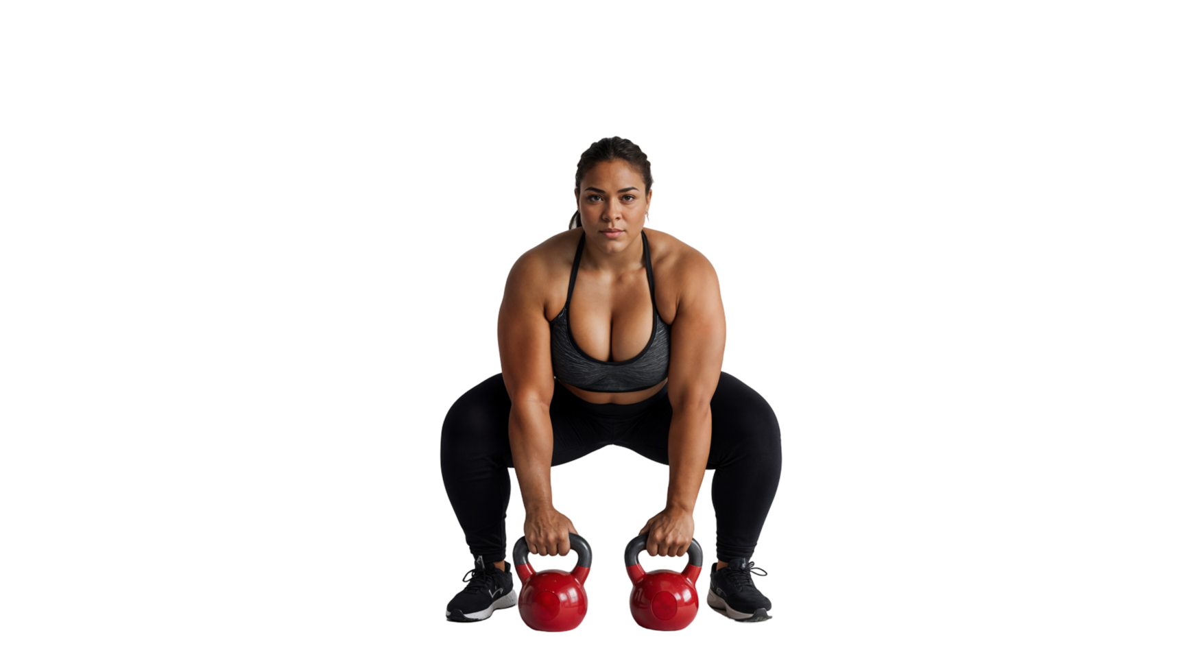 A woman is squatting down while holding two red kettlebells png