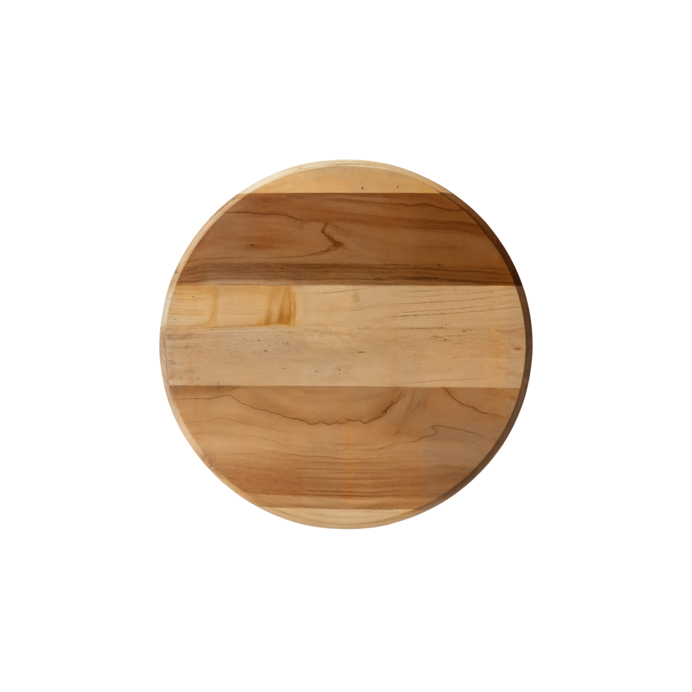 A circular wooden cutting board with light and medium brown tones on a plain colored setting around it on transparent background png