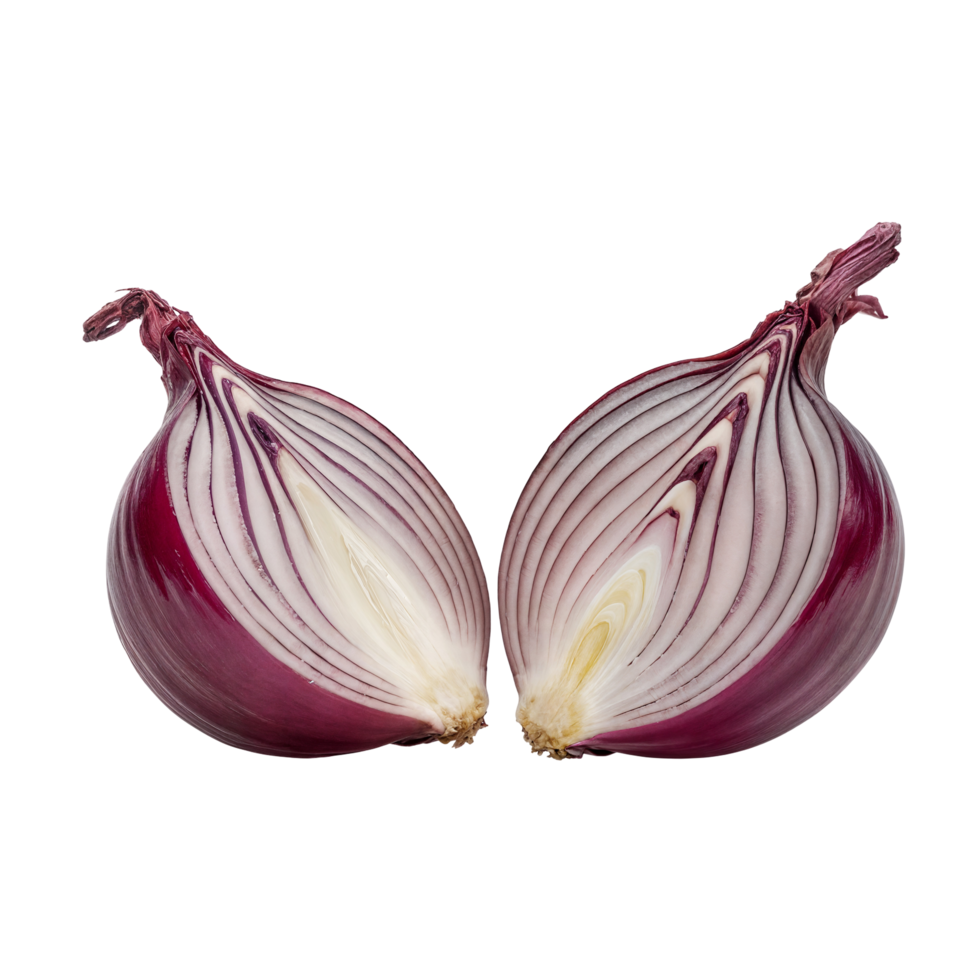 A vibrant image showcasing a halved red onion with its intricate layers on a plain surrounding area on transparent background png
