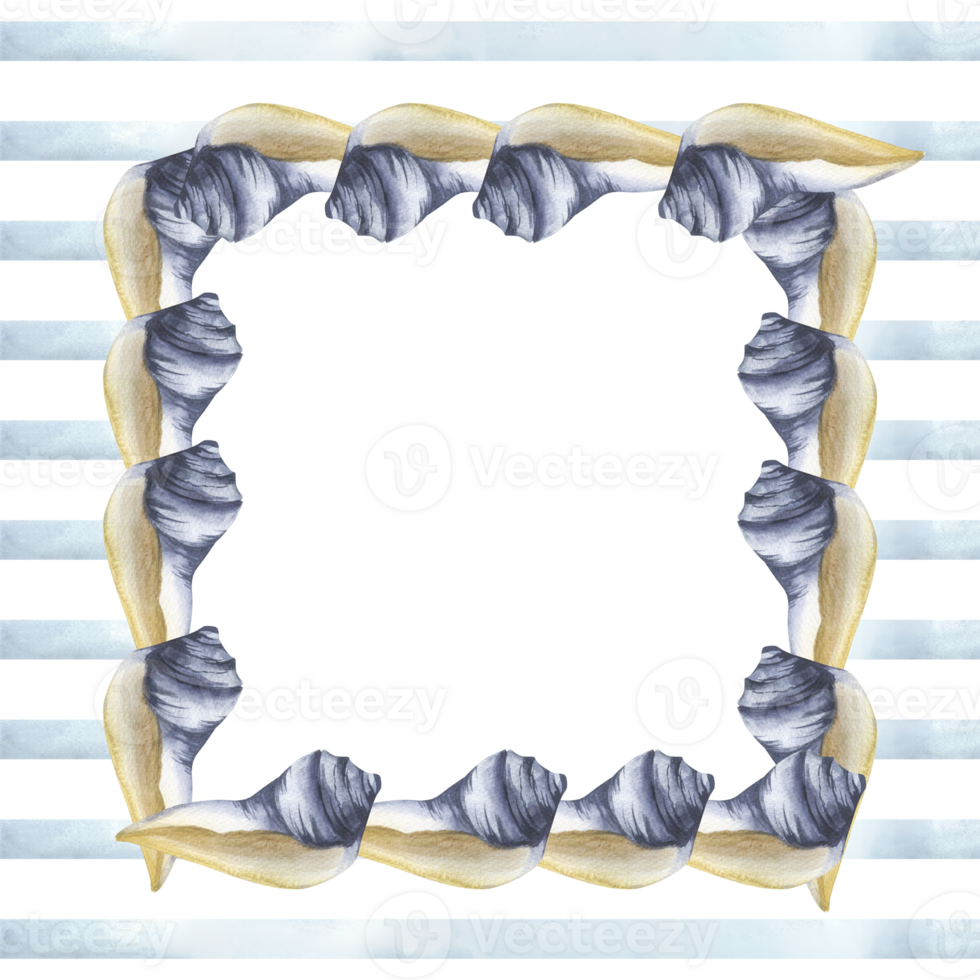 Sea shells in blue and beige colors on striped background watercolor banner template. Hand drawn frame with summer tropical elements, romantic style clipart for card, invitation design png