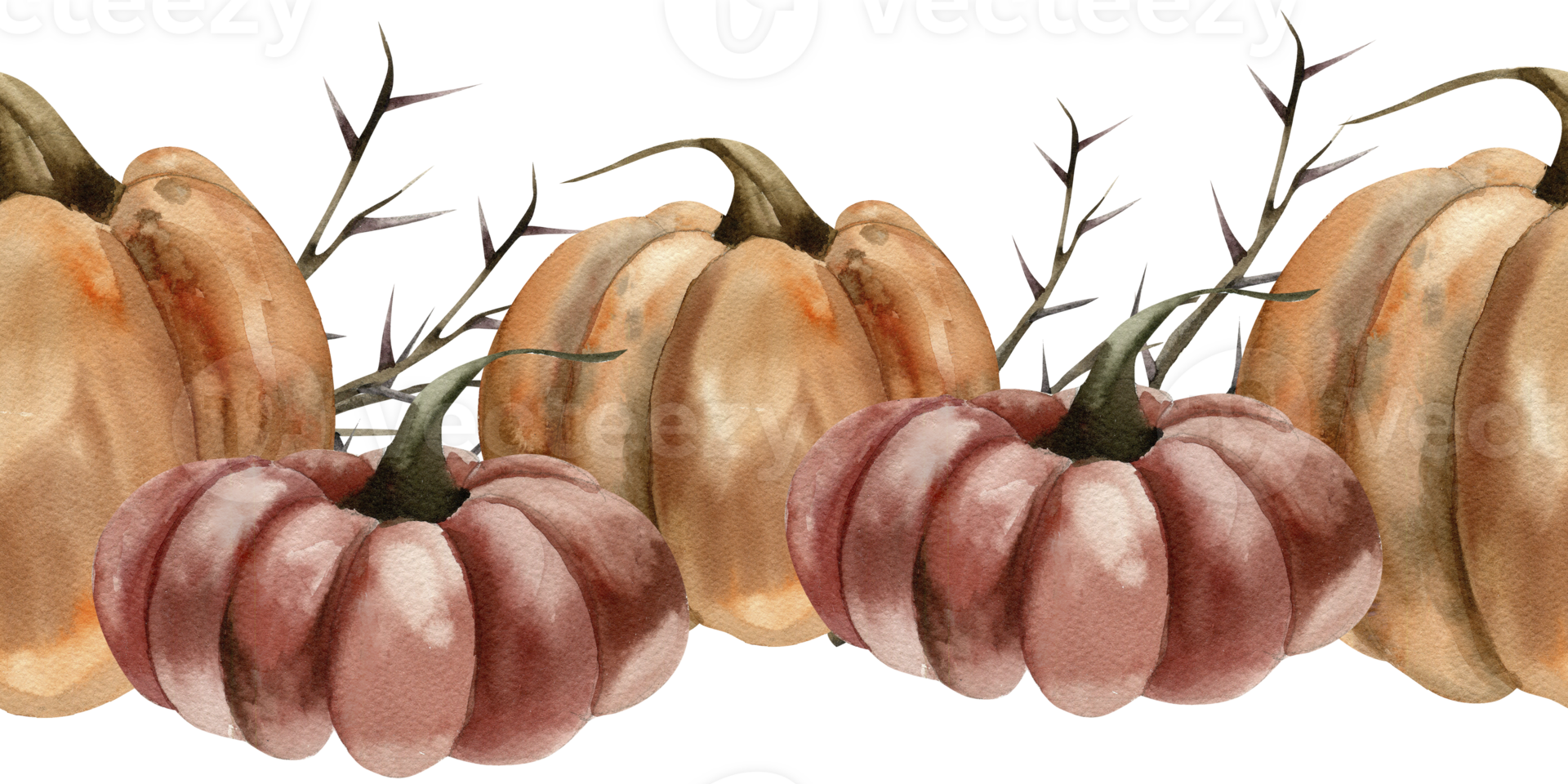 Gothic Halloween watercolor seamless border with orange and red pumpkins decorated with thorn branches illustration. Hand drawn October festive banner for poster, Dead day card,invitation design png