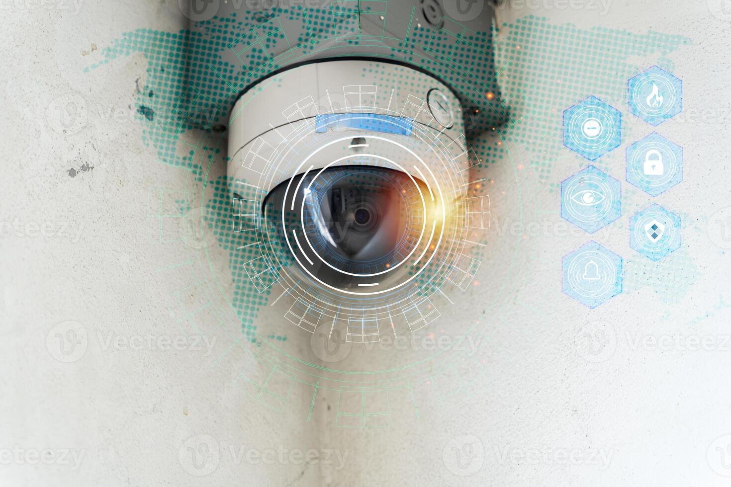 Smart surveillance security camera with futuristic interface and digital data icons for monitoring and protection photo