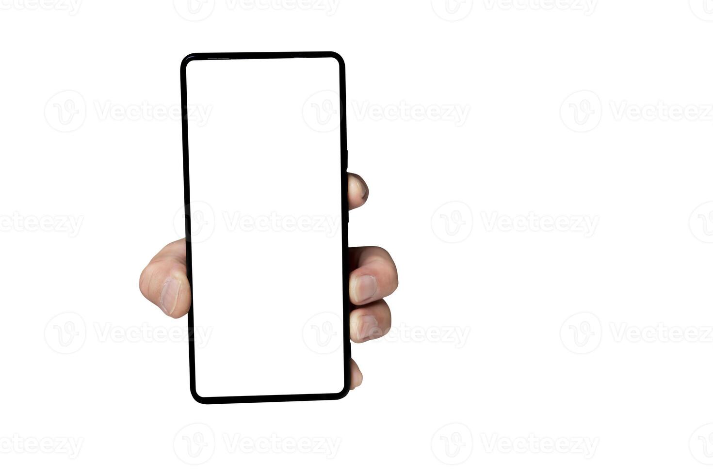 Hand holding smartphone with blank white screen isolated on white background for app mockup or UI design photo