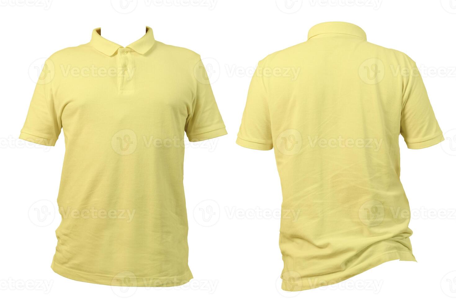Yellow polo shirt front and back isolated on white background, casual short sleeve cotton fashion apparel photo