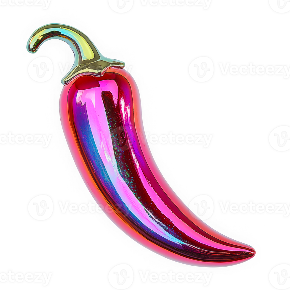 Holographic metallic chili pepper, Y2K 3D style. Shiny reflections, chrome texture, liquid metal surface, dreamy and futuristic detail. png