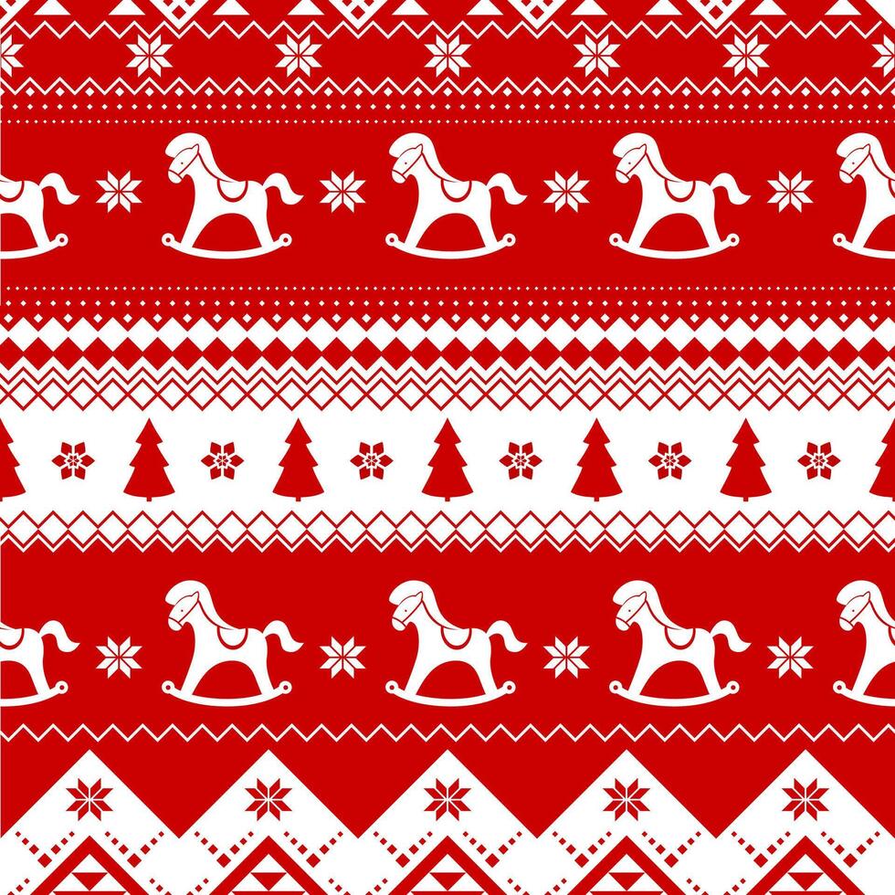 Seamless Christmas pattern with horse. Red and white Happy New Year background. design for winter holidays. vector