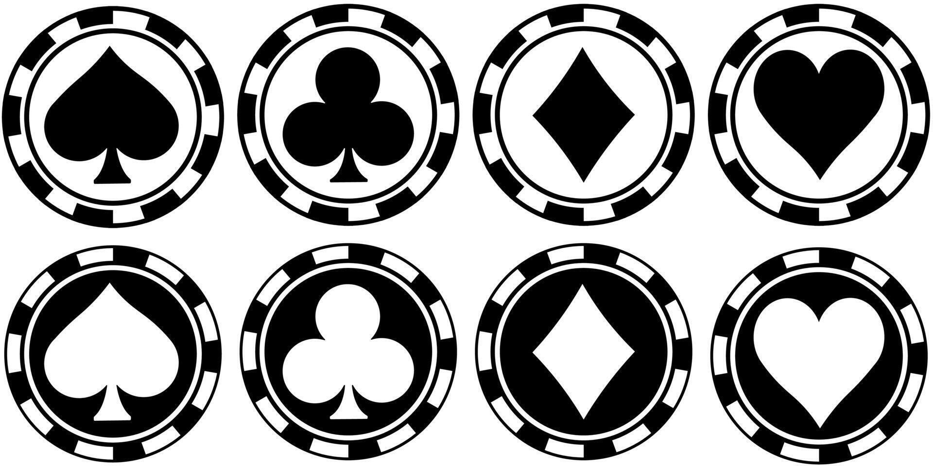 Roulette chips with card suit logos in black and white and white and black, betting or gambling element vector