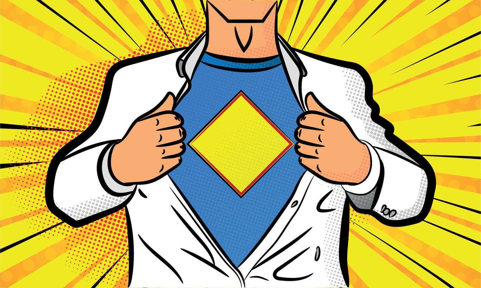 Super hero character opening shirt in a retro pop art style cartoon with halftones vector