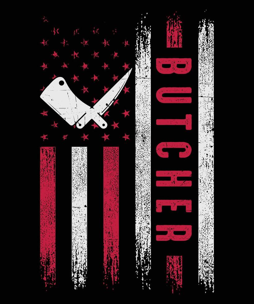 American Butcher Flag Design Rustic Grunge BBQ Artwork with Knives and Meat Tools vector