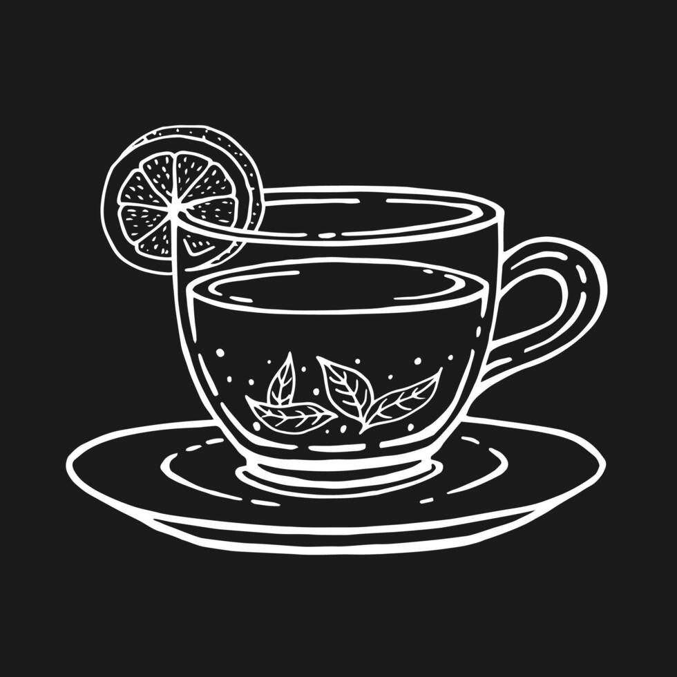 Glass cup of tea lemon slices, tea leaves. Hand drawn illustration in outline style. vector