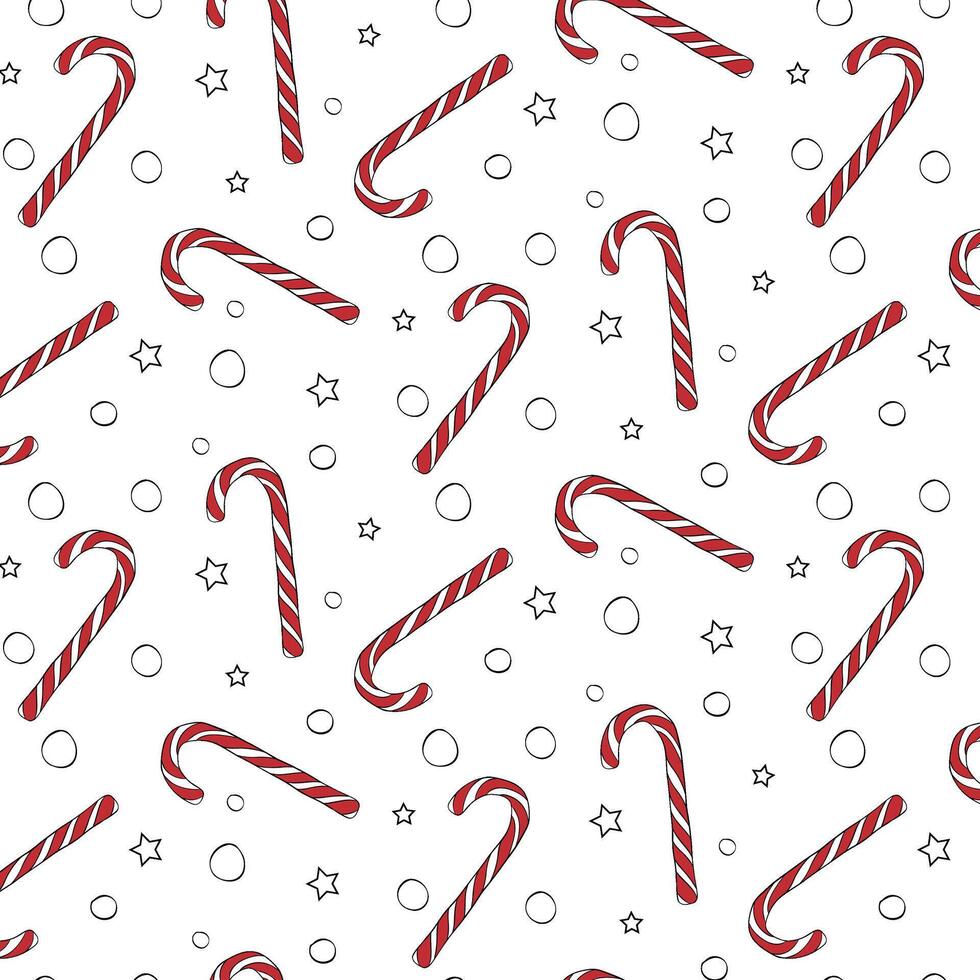 Christmas candy cane, swirl candy and snowflakes seamless pattern. graphic line ink illustration. Holiday traditional peppermint backdrop. For logo, web, package, sticker. vector