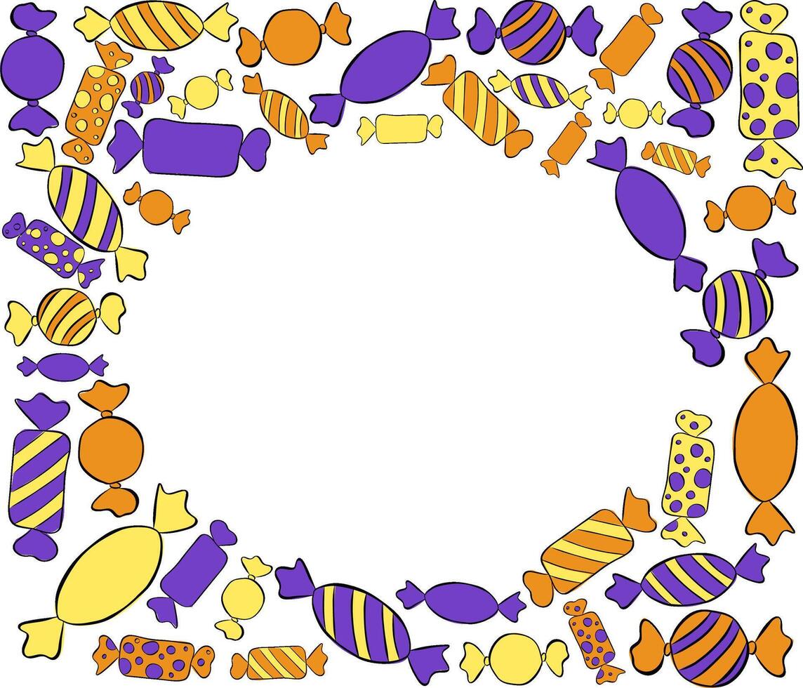 Candy shop lollipops colorful sweets oval in rectangle Frame template. graphic line ink illustration. For poster, flyer, banner, invitation, social media, party or sale vector
