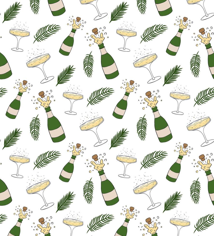 Champagne bottle, glass, pine tree branch winter Seamless pattern. graphic line ink illustration. Perfect for cards, decorations, stickers, logo, menu, various designs. vector