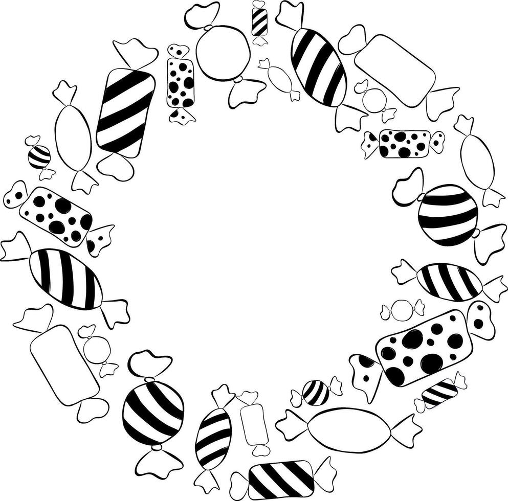 Candy sweets Frame circle round black and white template. graphic line ink illustration for the text. card for the happy sweetest day and Halloween. For logo, web, package, sticker. vector