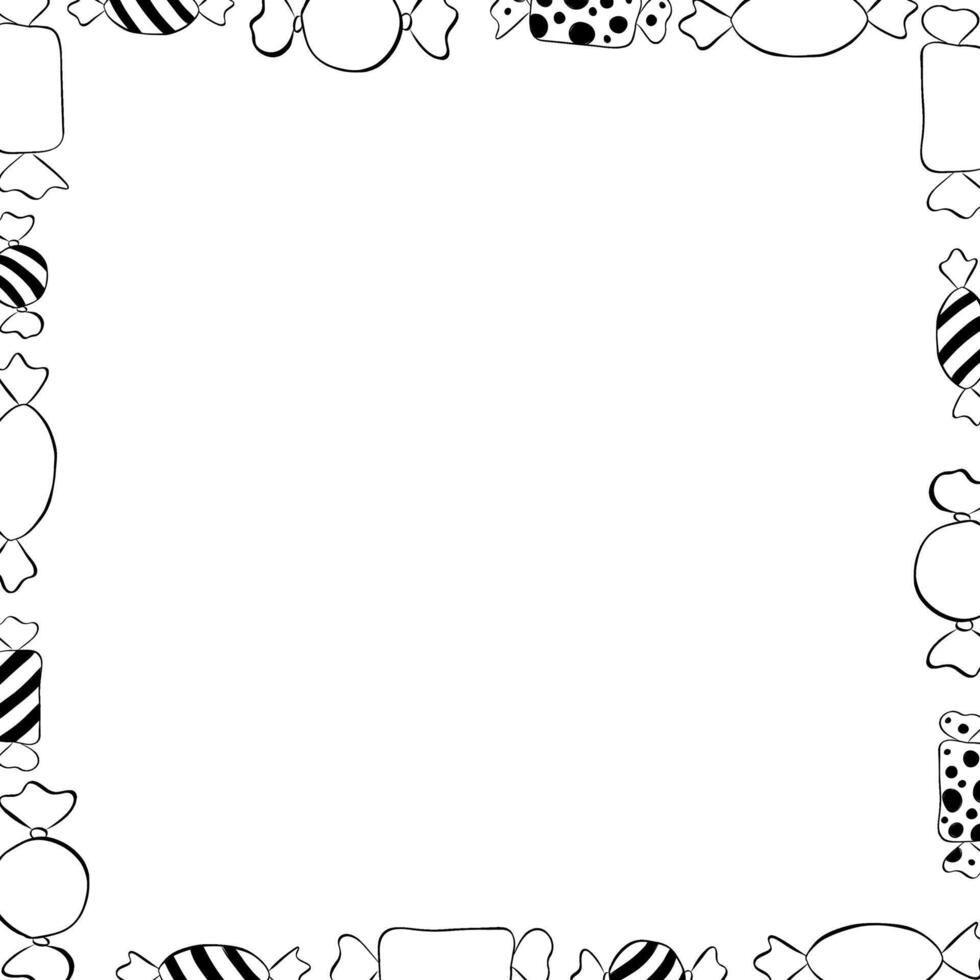 Candies sweets colored Frame square black and white template. graphic line ink illustration. Halloween Xmas border christmas and new year template. Design for package, cosmetic, textile, cards. vector